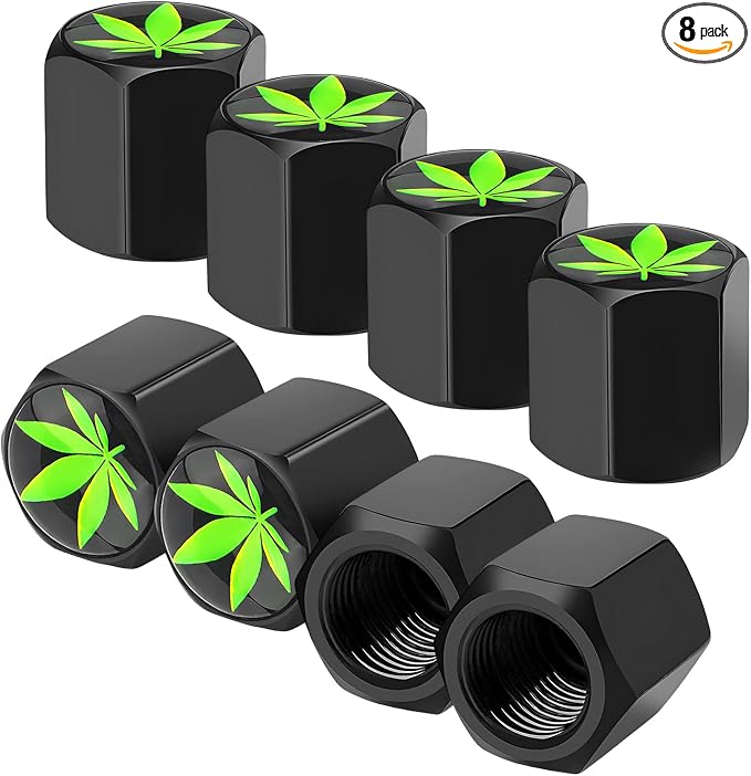 8 PCS Tire Valve Stem Caps, Cute Cow Print Airtight Dust Proof Tire Valve Covers, Corrosion Resistant Aluminum Wheel Stem Caps for Cars, Trucks, SUVs (Leaf)