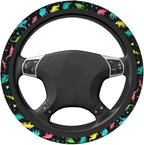 Dinosaurs Colors Cartoon Dinos in Neon Steering Wheel Cover Car Accessories Cute for Women Girls Girly Universal 15 Inch Neoprene Auto Interior Decor Anti Slip Car Truck Protector