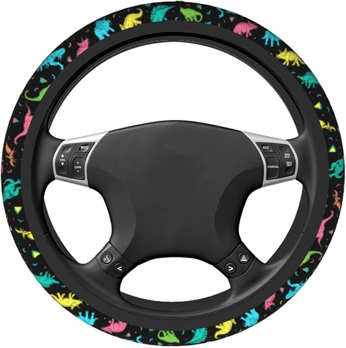 Dinosaurs Colors Cartoon Dinos in Neon Steering Wheel Cover Car Accessories Cute for Women Girls Girly Universal 15 Inch Neoprene Auto Interior Decor Anti Slip Car Truck Protector