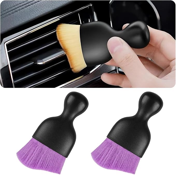 2PCS Car Interior Detailing Brush with Dust Cover, Auto Soft Hair Cleaning Brushes, Scratch Free Curved Dirt Collectors, for Vehicle Dashboard Air Conditioner Vents Leather(Purple)
