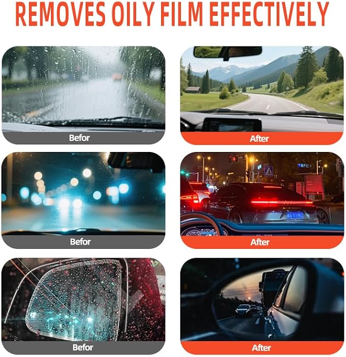 Car Windshield Cleaner & Glass Oil Film Remover, Car Glass Cleaner with Brush, Removes Oil, Grease & Fog, wiper residue, Anti-Fog Glass Emulsion Cleaner for Clear Driving Visibility