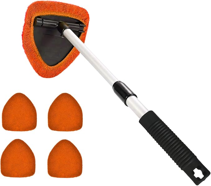 Windshield Cleaning Tool, Car Window Cleaner, Windshield Cleaner with 4 Washable Reusable Microfiber Pads and Extendable Handle, Auto Glass Wiper Cleaning Kit Universal for Car (Orange)