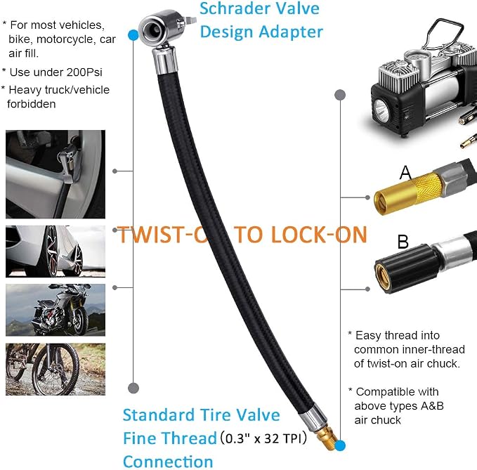 Locking Tire Chuck with Rubber Hose and Standard Tire Valve Fine Thread, Tire Inflator Pump Hose Adapter for Twist On Convert to Lock On Connection