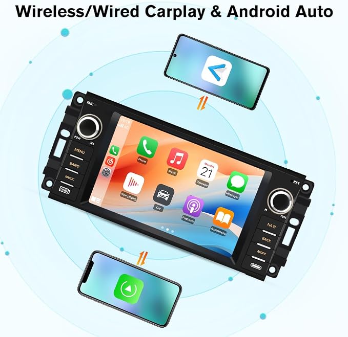 8 Core Car Radio Stereo for Jeep Wrangler JK 2007-2018 Dodge Ram 1500 2008-2012, 7 Inch Touch Screen Radio with CarPlay Android Auto Bluetooth WiFi GPS FM Backup Camera【4GB+64GB】