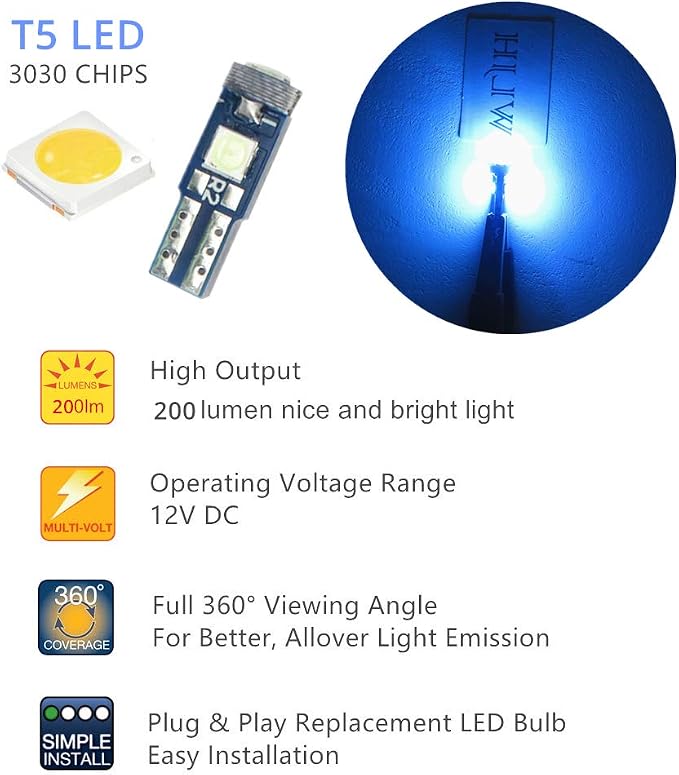 74 Led Bulb Dash Lights 3SMD Super Bright T5 2721 37 286 Wedge PC74 Twist Socket Automotive Instrument Panel Gauge Light Kits Cluster Shift Indicator Interior Bulbs Ice Blue Pack of 20