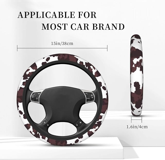 Brown Cow Print Neoprene Steering Wheel Cover for Men Women Anti-Slip Elastic Steering Wheel Protective Cover 15in Universal Car Accessories Fit Cars, SUVs, Auto