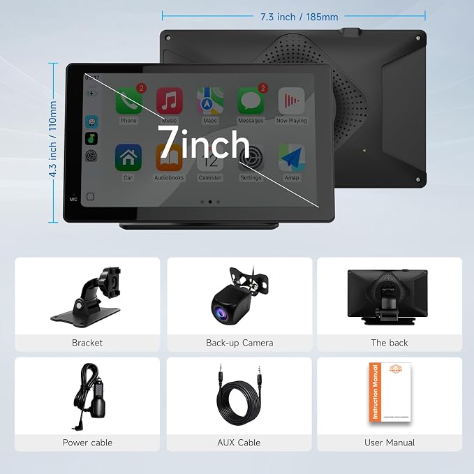 7 Inch Portable Carplay Screen for Car,Car Stereo Wireless Carplay & Android Auto,1080p Backup Camera CarAudio Receivers GPS Navigation Mirror Link