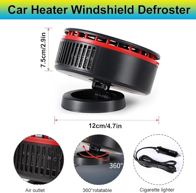 12V Car Heater,Portable Heater for Car,Car Heater Defroster Windshield Defogger Automobile Windscreen Heater Plug in Cigarette Lighter 360 Degree Rotary for 12V Car (Red&Black)