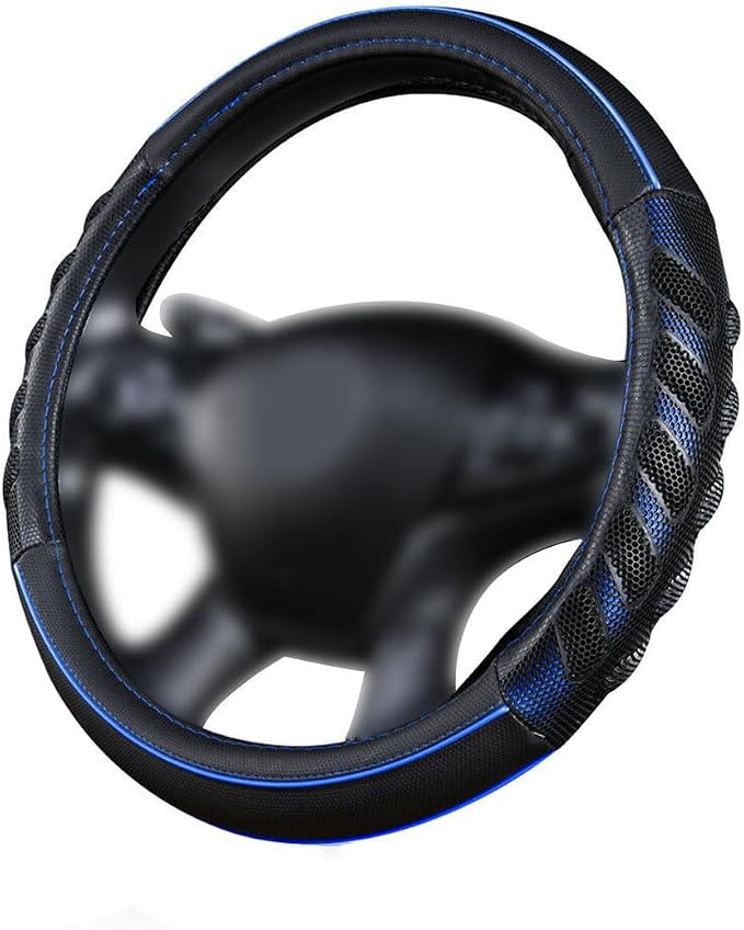 car Steering Wheel Cover Faux Leather Massage Universal fit 3D Honeycomb Hole Anti-Slip Sporty 15 Inches (Blue Black)