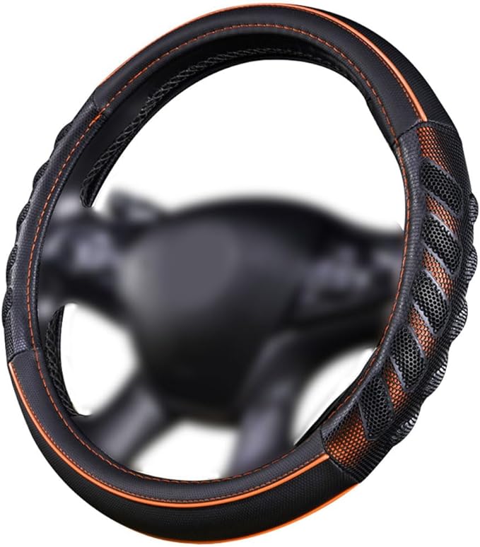 car Steering Wheel Cover Faux Leather Massage Universal fit 3D Honeycomb Hole Anti-Slip Sporty 15 Inches (Orange Black)