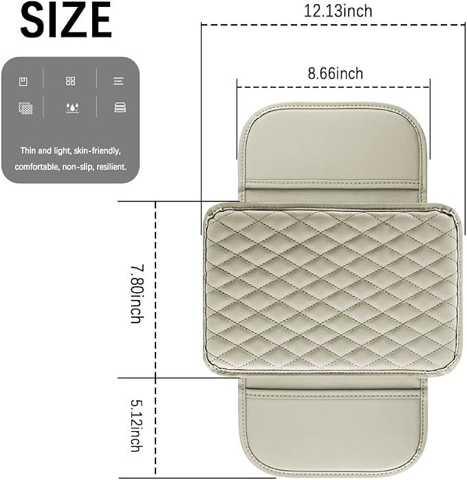 carleef Thin Arm Rest Cover for Car,Leather+Memory Foam Center Console Cover with Storage Bags,Universal Middle Console Cover Car Accessories Interior for Most Cars Center Consoles (Light Beige)