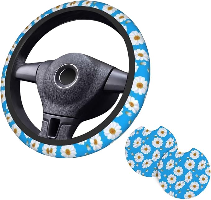 Daisy Steering Wheel Cover Daisy Blue Steering Wheel Cover Anti-Slip Breathable 15 Inch Universal 2 Pcs Car Interior Cup Holder Pad for Men Women