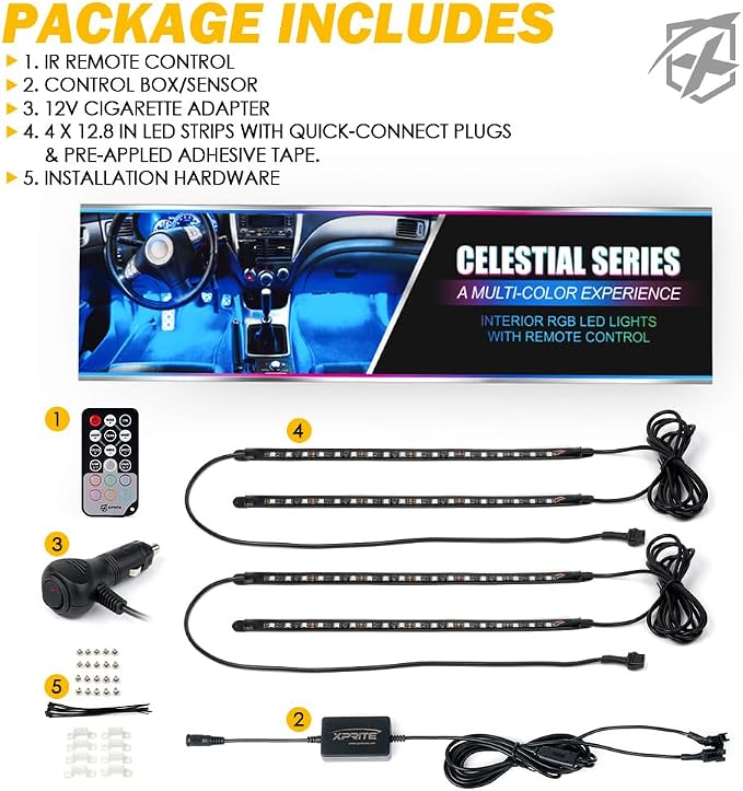 RGB LED Car Interior Bluetooth Light Strips w/Remote & Control Box, Silicone Sealed, Under Dash Footwell Lights Kit w/Cigarette Adapter for Vehicle Internal SUV Truck - 4 PCS