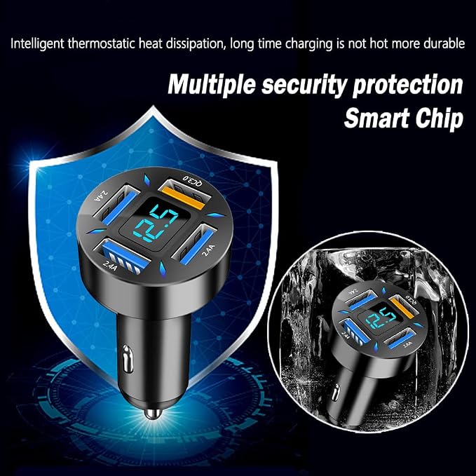 4-in-1 Car Charger 66W Super Fast Charging with USB 2.4A&QC 3.0(Voltmeter&LED Lights) Universal Quick Charge for 12-24V Car Cigarette Lighter Plug(Black-QC/2.4A)