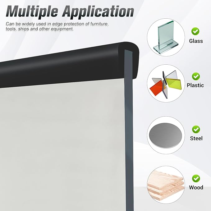 Rubber Edge Trim, Self Adhesive U Channel Edge Trim, U Shaped Trim for Plywood, Glasses, Mirror, Flexiglass, Sharp Edge Parts, Size 1/4" (6mm), Length 10Ft, Black Color, Peel and Stick Edge Guards