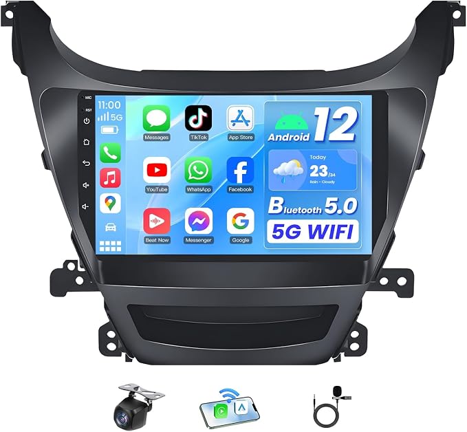 4Core 64G ROM Car Radio for Hyundai Elantra 2014-2016: 9 inch 1280 * 800P IPS Touchscreen Stereo with Wireless CarPlay Android Auto Bluetooth WiFi GPS Navigation Backup Camera FM Mirror Link