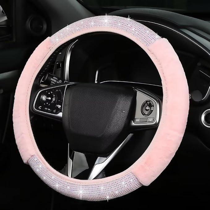 Bling Steering Wheel Cover Pink Fluffy Rhinestone for Women Girls | White Diamond Elastic Car Steering Wheel Accessories Sparkling Fur Steering Wheel Protector Warm Universal Fit 14-15 inch