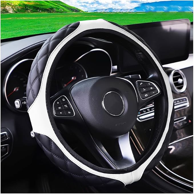 15 Inch Car Leather Steering Wheel Cover, Automotive Accessories Elastic Breathable Anti-Slip Soft Wheel Protector Fits Men and Women, Suitable for SUVs, Trucks, Vehicles and RVs (White)
