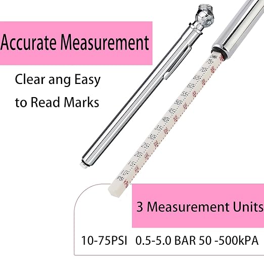 Pencil Tire Pressure Gauge (10-75PSI) Stainless Steel Body and Metal Made Nozzle 3 Measurements for Vehicles (5 Pack)