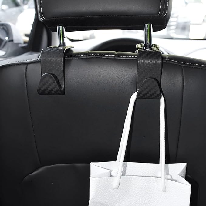 Car Back Seat Headrest Hooks, 4 Pack Carbon Fiber Stylish Back Seat Hanger for Car Handbag Clothes Coats Grocery Bags, Car Interior Accessories (Carbon Fibre/Black)