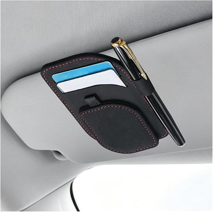 Car Sun Visor Organizer, Multi-Pocket Vehicle Sunglass Card Holder with Pen Slot, Automotive Interior Sunshade Glasses Storage Organizer, Universal Fit (Black)