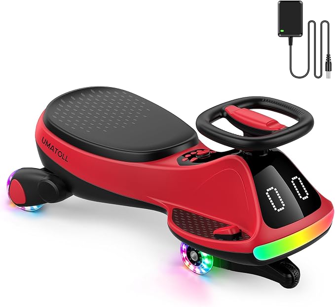 12V Electric Wiggle Car for Kids with Pedal, Display, Rechargeable Battery, LED Light, Bluetooth, Light-Up Wheels, Anti-Rollover, 2 Speeds, Ride on Toys, Birthday Gifts for Age 3+, 150Lbs