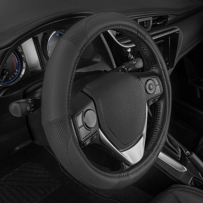 Perforated Microfiber Leather Steering Wheel Cover for Cars Trucks SUVs Vans, Sporty Racing Improved Grip Anti-Fatigue Ergonomic Design, Airbag Compatible - Fits Standard 15" Inch - Black