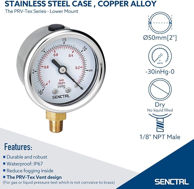 30inHg Vacuum Pressure Gauge, 2" Dial, 1/8 NPT Lower Mount, Waterproof, Stainless Steel Case, for Tube Tester, HVAC, Pneumatic Air Compressor, Hand Pump, Valve Test