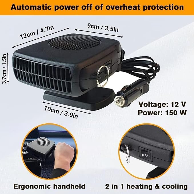 Dual Use Auto Heating & Cooling Fan 150W, Summer Fast Cold Air Blower, Car Windshield Defogger Defroster with Cigarette Lighter Plug for Small Vehicles