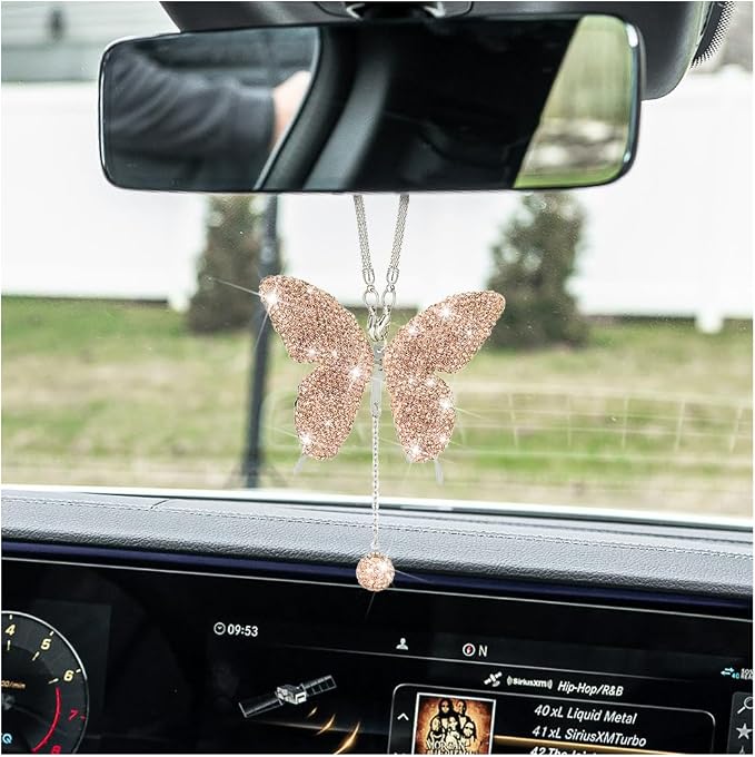 Bling Butterfly Diamond Car Accessories, Crystal Car Rear View Mirror Charms for Women, Car Decoration Lucky Gifts Hanging Interior Crystal Ornament Pendant Decor for All Cars (Peach Color)