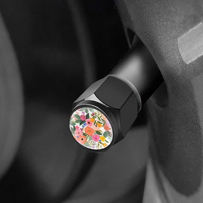 Tire Valve Stem Caps Cover,4 Pcs Metal Black Air Valve Cap, Aluminum Car Wheel Stem Caps,Universal Stem Covers for Cars,Trucks,Bikes,Bicycles, Motorcycles,Corrosion Resistant (Floral)