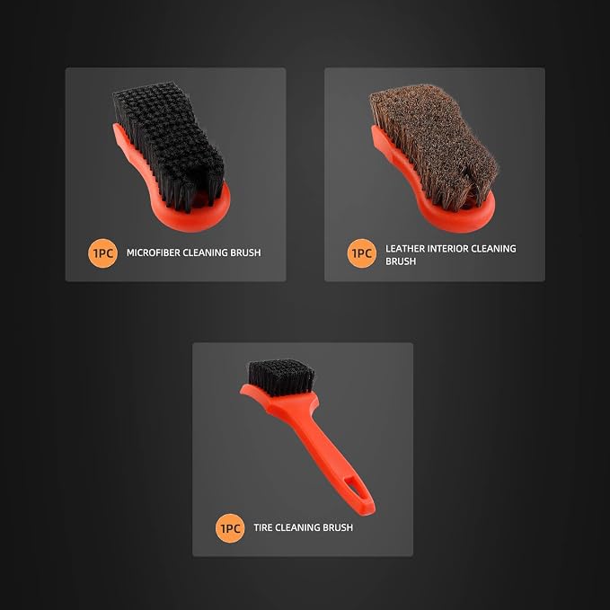 3Pcs Car Detailing Brush Kit, Leather & Textile Interior Brush, Comfortable Grip and Scratch-Free Cleaning for Dashboard, Wheels, Seats, Foot Mats and Small Areas, Black