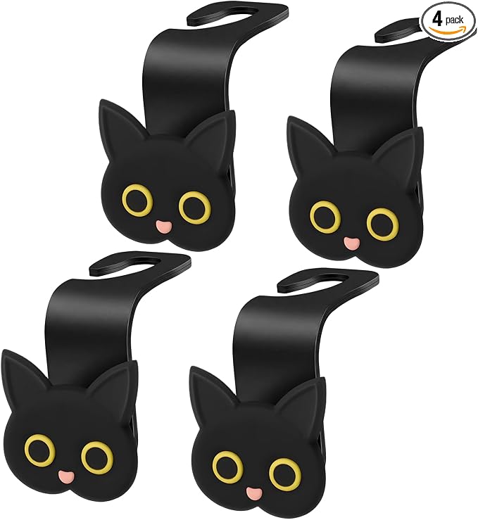 Novabright 4 Pcs Black Cat Car Seat Headrest Hooks Cute Cartoon Cat Car Seat Back Organizer Vehicle Headrest Hangers Automobile Storage Accessories for Handbags Purses Grocery Bags Coats Umbrella