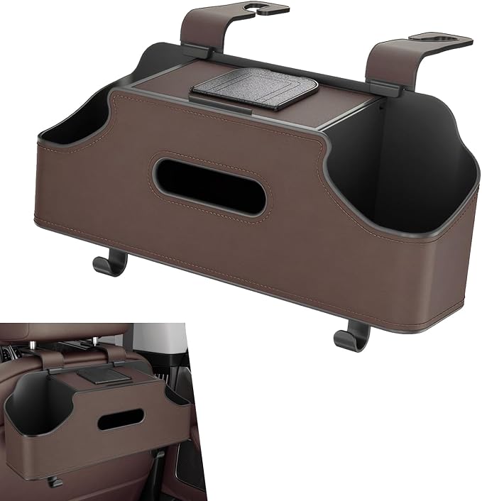 Car Seatback Organizer with Cup Holder, Leather Headseat Tissue Box and Storage Box, Multifunction Auto Rear-mounted Mobile Phone Holder, for Most Cars (Brown)
