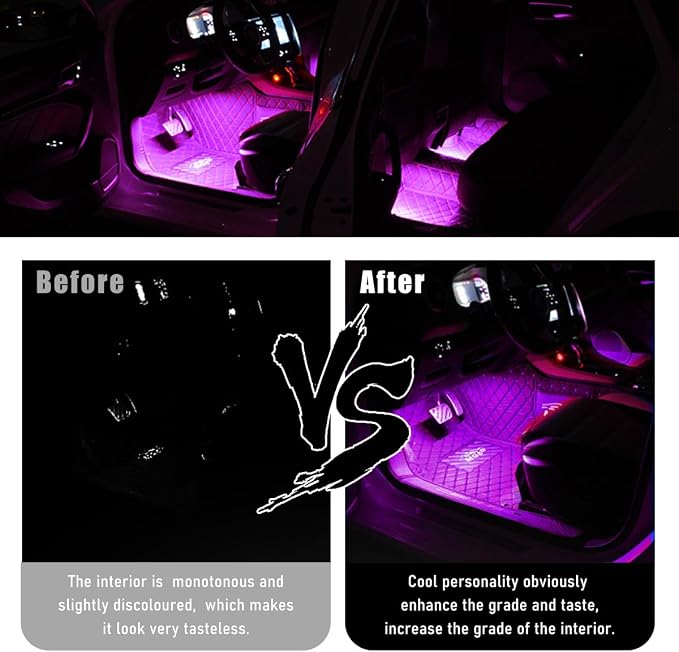 Wevdn Car Interior LED Strip Light, 12V 24 LED Waterproof Neon Ambient Night Light with USB Port, Automotive Atmosphere Decorative Under Dash Lighting Kit, Car Accessories (Pink Purple)