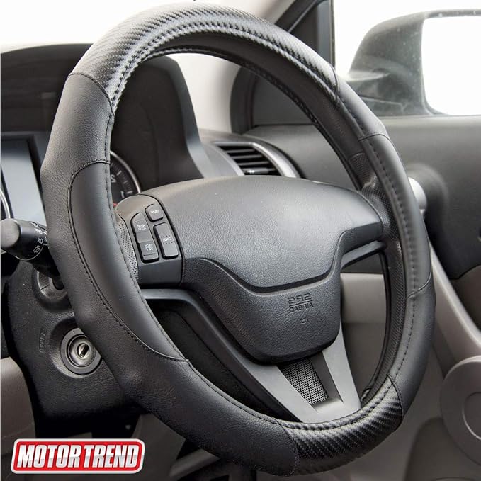 GripDrive Carbon Fiber Steering Wheel Cover, Non-Slip Sporty Racing Faux Leather Ergonomic Comfortable Handle, Steering Wheel Cover for Cars Trucks Vans SUV - Fits Standard 15 Inch - Black