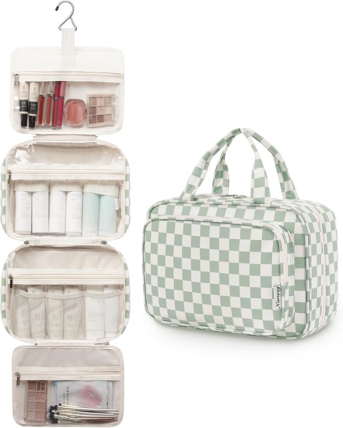 Travel Toiletry Bag for Women Large Capacity, Hanging Makeup Bag Organizer Toiletries Bag for Full Size Essentials, Accessories, Brushes, Cosmetics (Mint Green Checkerboard (Large))