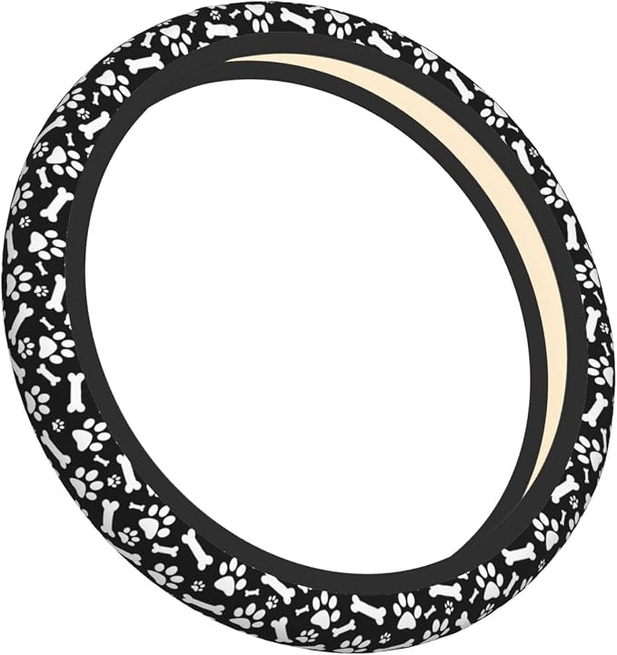 Paw Bones Steering Wheel Cover Car Elastic Steering Wheel Protector | Black White Dog Anti-Slip Breathable Car Accessories Interior for Women Men Universal 15 Inch Fit Auto SUVs Truck