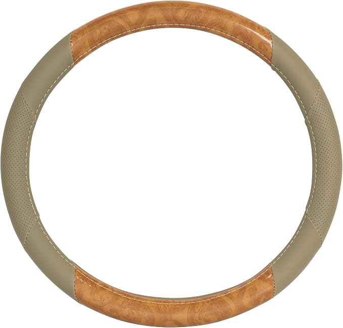 BurlwoodLux Wood Grain and PU Leather Beige Steering Wheel Cover - Sport Grip for Car Auto SUV Trucks