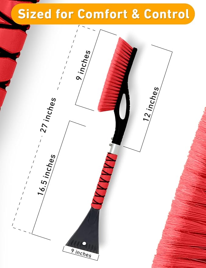 27" Car Snow Brush and Ice Scrapers for Car Windshield (Red- 2 Pack) | Scratch Free Bristle Head Snow Brush & Tough Window Snow Scraper with Aluminium Body