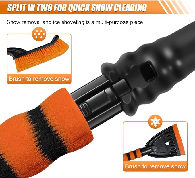 26" Snow Brush and Ice Scraper for Car Windshield – 2 in 1 Winter Snow Removal Tool with Detachable Ice Shovel – Universal Snow Scraper with Ergonomic Foam Grip, No Scratch Broom for SUV Truck(Orange)