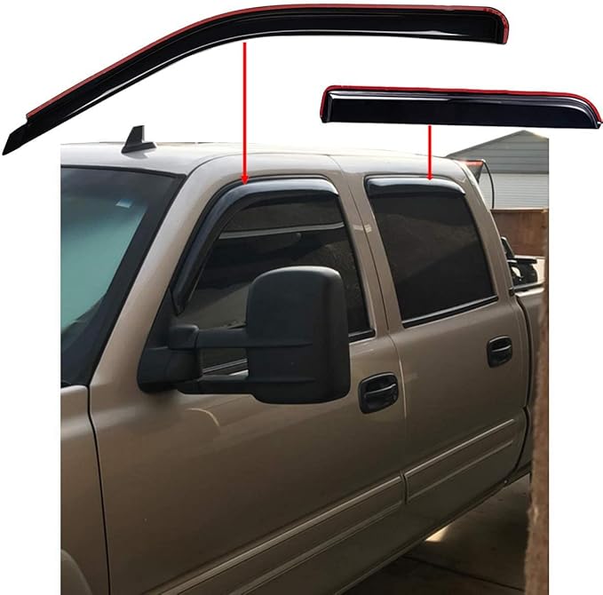 In-Channel Rain Guards, Fits 2001-2007 Chevrolet Silverado & GMC Sierra 1500 (HD), 2500 (HD), 3500, Crew Cab; 2002-2006 Chevrolet Avalanche & Suburban, Cadillac Escalade EXT, GMC Yukon XL, Smoke, 4Pcs