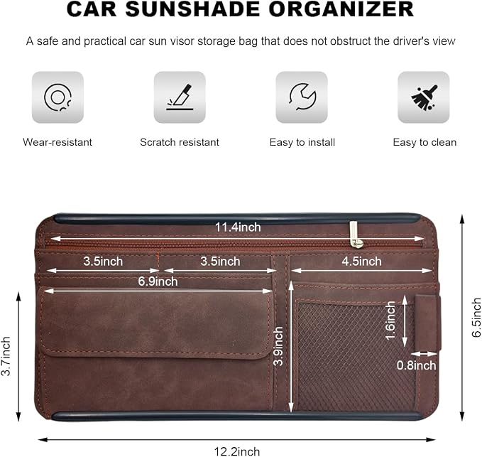 Sun Walker Car Sun Visor Organizer, Suede Leather Visor Storage Pouch Holder with Net Zipper, Multi-Pocket Vehicle Sunshade Organizer for Eyeglasses Card License Registration (Brown)