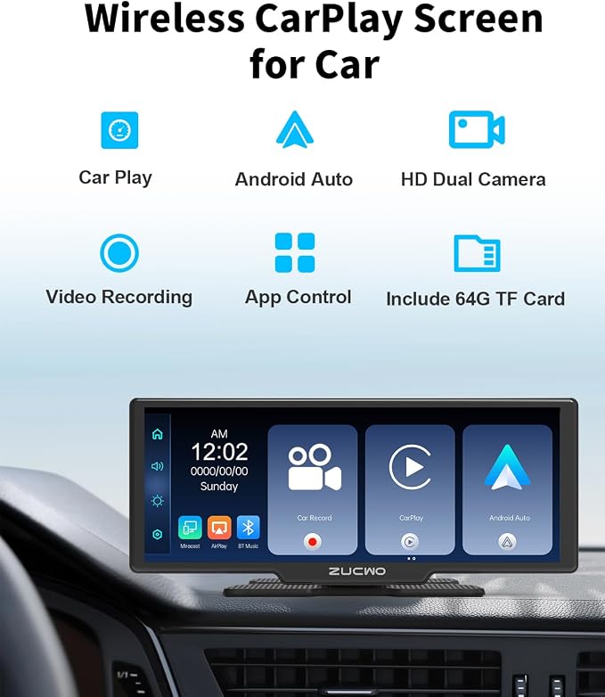 10.26 Inch Wireless CarPlay Screen for Car, Apple CarPlay & Android Auto Touch Screen with Rear Camera, BT Music, Navigation, Voice Control for Vehicles