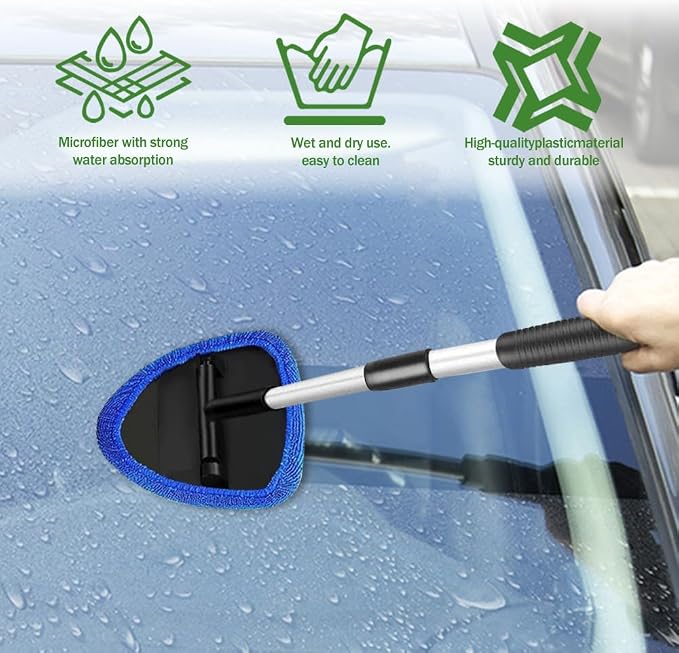 Windshield Cleaning Tool, Car Window Cleaner with Extendable Long Handle and 4 Washable Reusable Microfiber Pads, Auto Interior Exterior Auto Glass Wiper for Windshield, Universal for Most Cars (Blue)