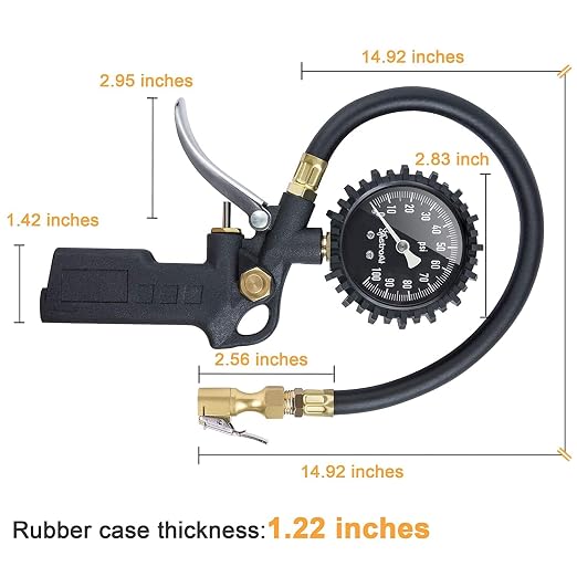 Tire Pressure Gauge with Inflator, 100 PSI-ANSI B40.1 Accurate, Large 2.5" Easy Read Glow Dial, Heavy Duty Air Chuck and Compressor Accessories for Truck, with Case