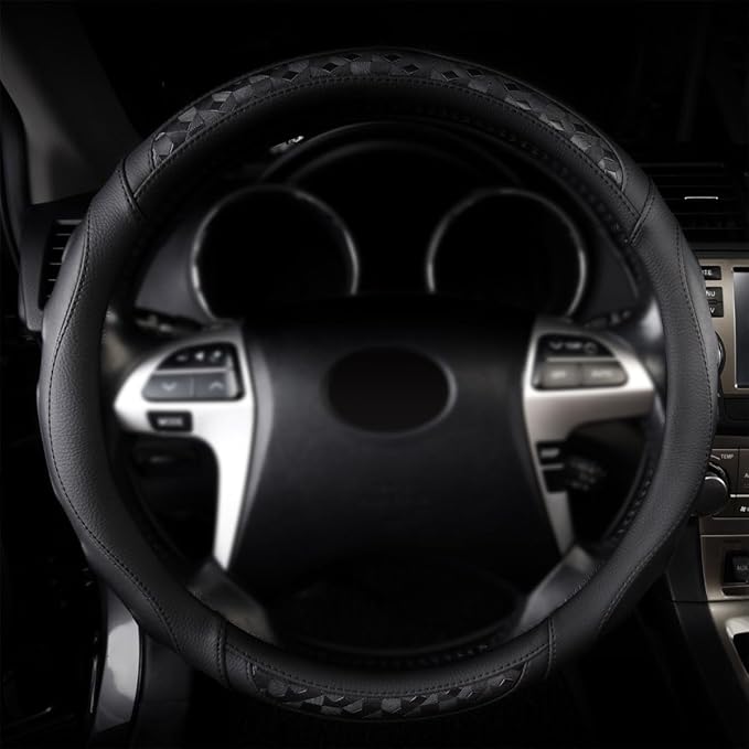 Faux Leather Heavy Duty Inner Ring car Steering Wheel Cover 14.5-15 inches (All Black)