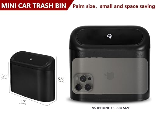 Mini Car Trash Can with Lid, Small Car Garbage Can, Cute Leakproof ABS Car Trash Bin, Car Accessories for Interior, Garbage Bin for Car, Home, Office with 60pcs Trash Bags Black