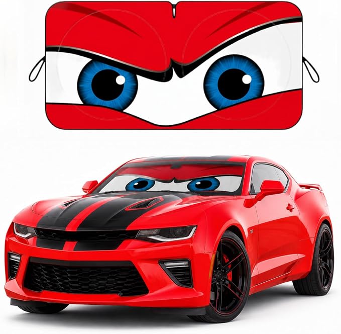 Car Windshield Sun Shade, Universal Fit Compact Sedan SUV, Angry Red | 59 x 27.5" Car Sun Visor, Foldable Front Window Sunshade, UV Heat Protection, Cute Eyes Series