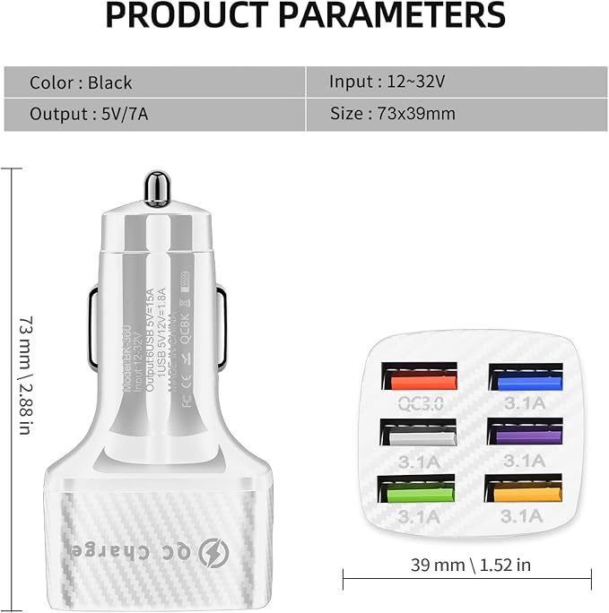 Car Charger Adapter, 6 USB Multi Port, Fast Charger, Include QC 3.0 and 5 Other Ports, Car Interior Accessories, Fit for iPhone 13/12/11/pro, Samsung Galaxy/Note S10/S9/S8 - White（2PCS）